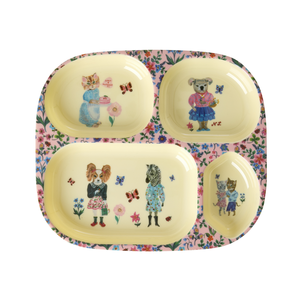 Melamine Kids 4 Room Plate - Nathalie Lété Pink Print - PRE ORDER NOW; SHIPS EARLY APRIL