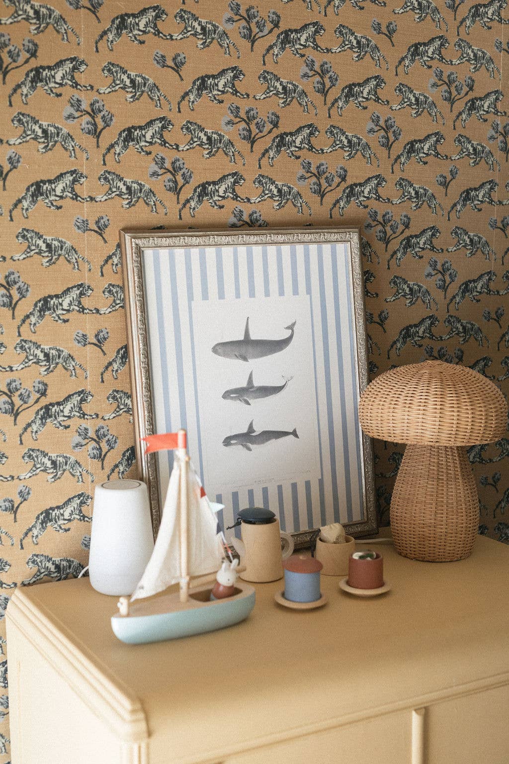 Whales on Stripes Framed Antique Art: 5x7