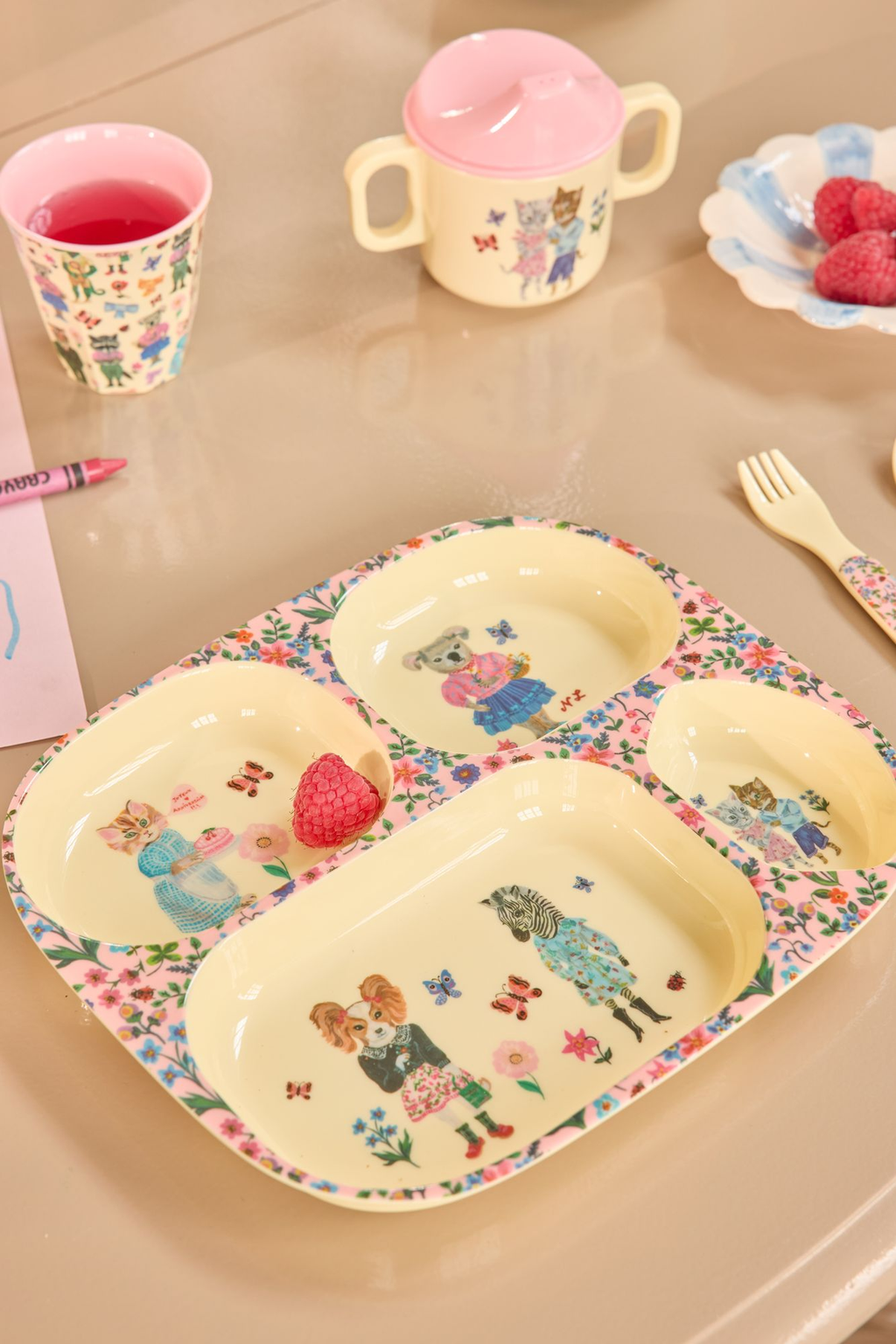 Melamine Kids 4 Room Plate - Nathalie Lété Pink Print - PRE ORDER NOW; SHIPS EARLY APRIL