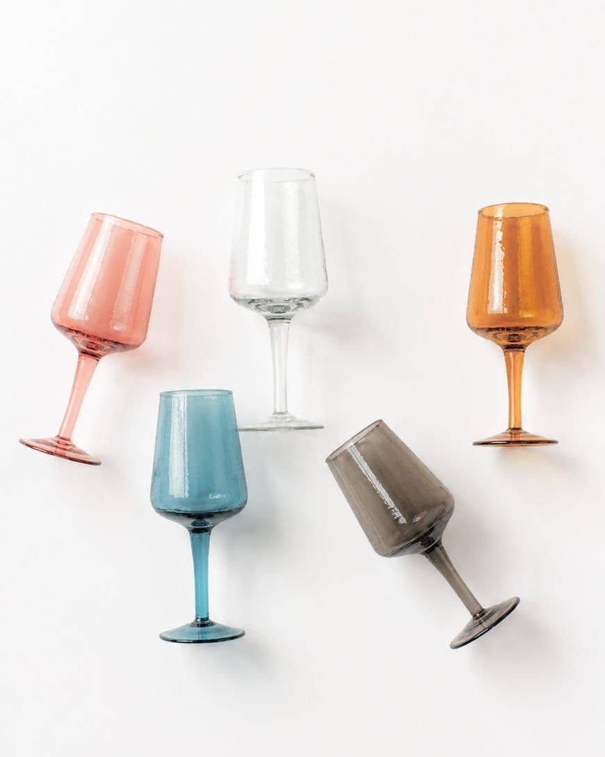 Handblown Hammered Wine Glass Pair: Blue