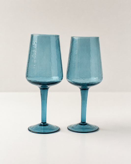 Handblown Hammered Wine Glass Pair: Blue