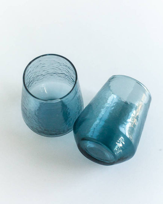 Handblown Hammered Glass Water Tumbler | Pair of 2: Blue