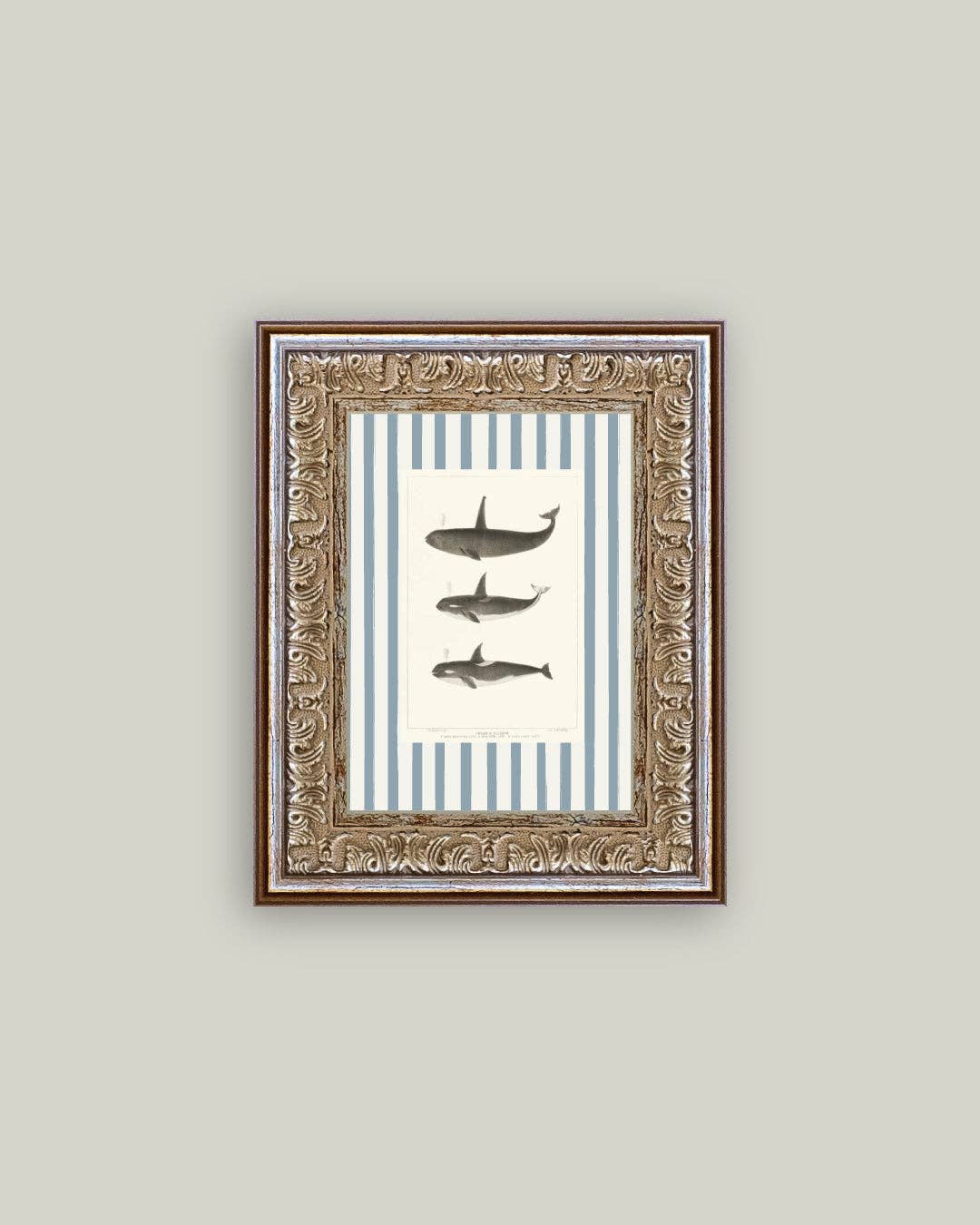 Whales on Stripes Framed Antique Art: 5x7