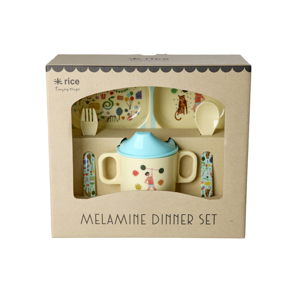 Melamine Baby Dinner Set in Gift Box - Fun Fair Print - Mint - 4 pcs - PRE ORDER NOW; SHIPS EARLY APRIL