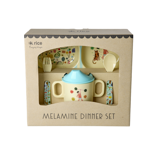 Melamine Baby Dinner Set in Gift Box - Fun Fair Print - Mint - 4 pcs - PRE ORDER NOW; SHIPS EARLY APRIL